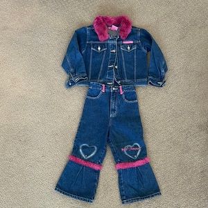 Vintage Betsey Johnson denim jacket and jean pants pink fur/crystal buttons.